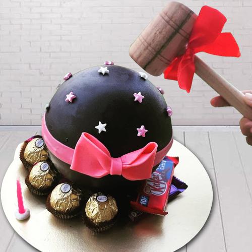 Sending delectable chocolate ball smash cake with hammer to Bangalore, Same  Day Delivery - redblooms