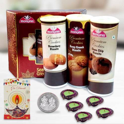 Crunchy Cookies Trio With Diya N Card To India