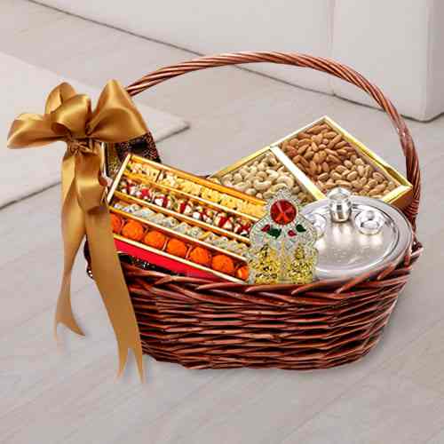 Buy Diwali/Bhaidooj Mega Gift Hamper - Haldiram Soan Papdi, Dry Fruits,  Chocolates, Thali and Laxmi Ganesha in a Beautiful Basket Online at  desertcartKUWAIT
